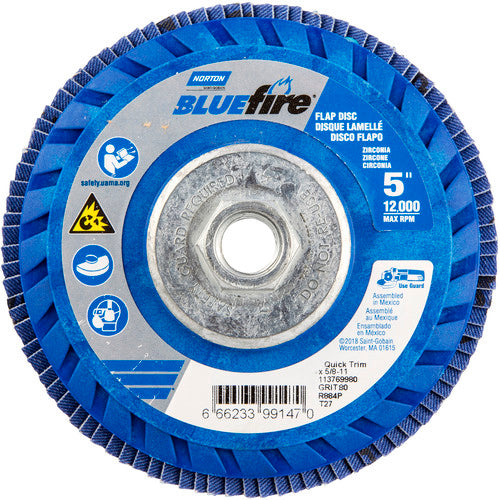 ‎5 × 5/8 - 11″ BlueFire Plastic Flat Flap Disc Type 27 P80 Grit R884P Zirconia Alumina - Industrial Tool & Supply