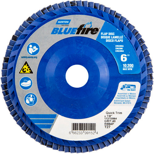 6 × 7/8″ BlueFire Plastic Flat Flap Disc Type 27 P40 Grit R884P Zirconia Alumina - Industrial Tool & Supply