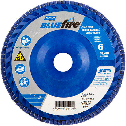 6 × 7/8″ BlueFire Plastic Flat Flap Disc Type 27 P60 Grit R884P Zirconia Alumina - Industrial Tool & Supply