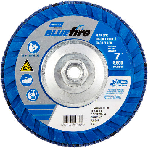 ‎7 × 5/8 - 11″ BlueFire Plastic Flat Flap Disc Type 27 P40 Grit R884P Zirconia Alumina - Industrial Tool & Supply