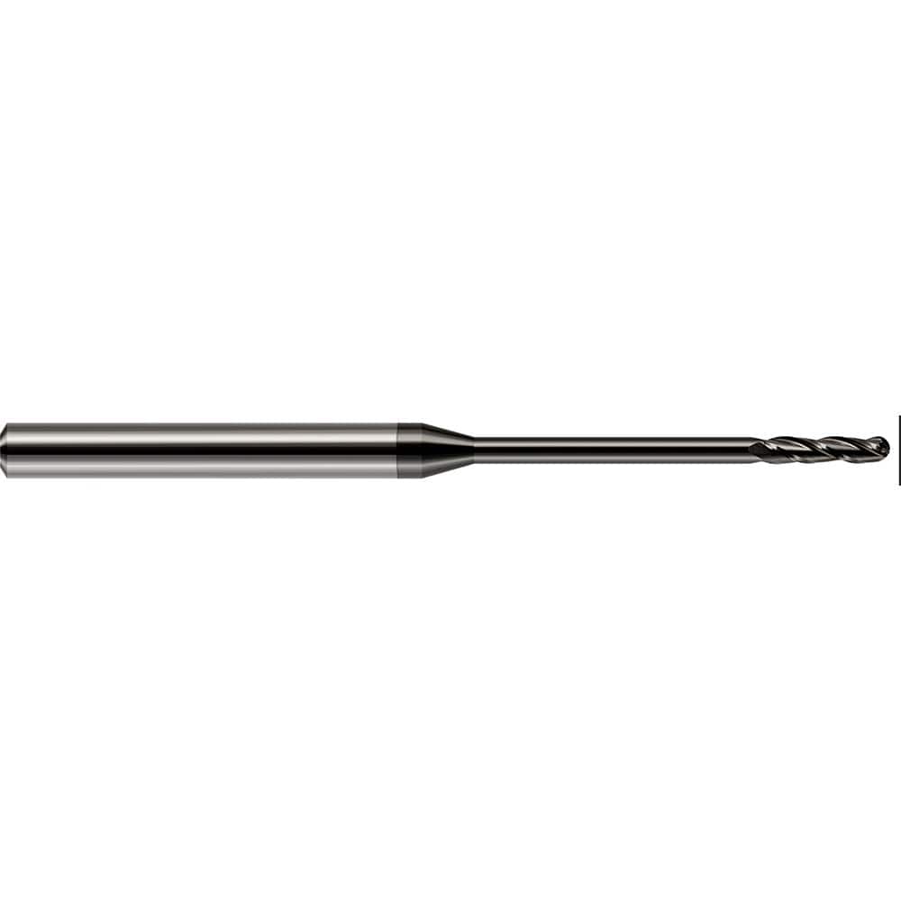 Ball End Mill: 0.07″ Dia, 0.5″ LOC, 3 Flute, Solid Carbide 2-1/2″ OAL, 1/8″ Shank Dia, 30 ° Helix, Amorphous Diamond Coated, Single End