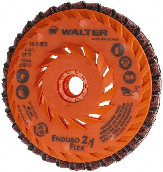 WALTER Surface Technologies - 150 Grit, 4-1/2" Disc Diam, 5/8-11 Center Hole, Type 27 Aluminum Oxide Flap Disc - 13,300 Max RPM, Plastic Backing, Arbor Attaching System, Coated & Non-Woven Combo - Industrial Tool & Supply