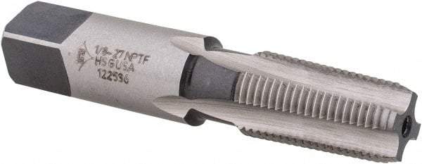Made in USA - 1/8-27 NPTF Thread, 4 Flute Standard Pipe Tap - 2-1/8" OAL, 3/4" Thread Length, 7/16" Shank Diam, Bright Finish, High Speed Steel - Exact Industrial Supply