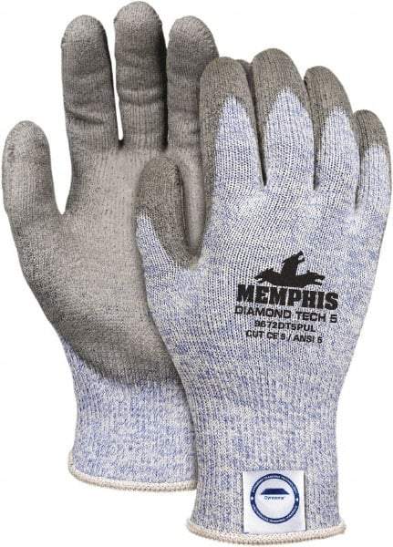 MCR Safety - Size S (7), ANSI Cut Lvl 5, Polyurethane Coated Dyneema Cut Resistant Gloves - 9.05" Long, Palm & Fingertips Coated, Elastic Cuff, Gray/Blue, Paired - Industrial Tool & Supply