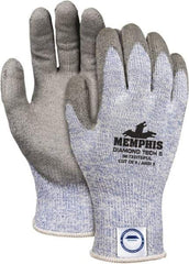 MCR Safety - Size L (9), ANSI Cut Lvl 5, Polyurethane Coated Dyneema Cut Resistant Gloves - 9.85" Long, Palm & Fingertips Coated, Elastic Cuff, Gray/Blue, Paired - Industrial Tool & Supply