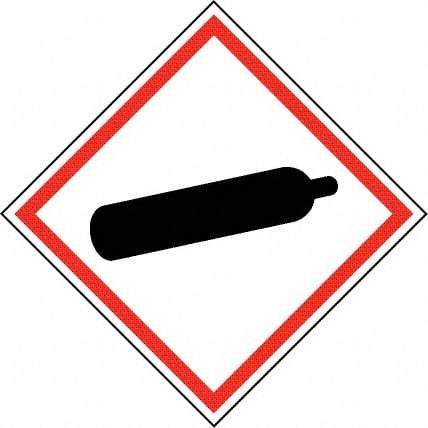 NMC - Hazardous Materials Label, Header: Compressed Gas Warning - Legend: GHS - Graphic, English, Black & Red, 2" Long x 2" High, No Coating - Industrial Tool & Supply