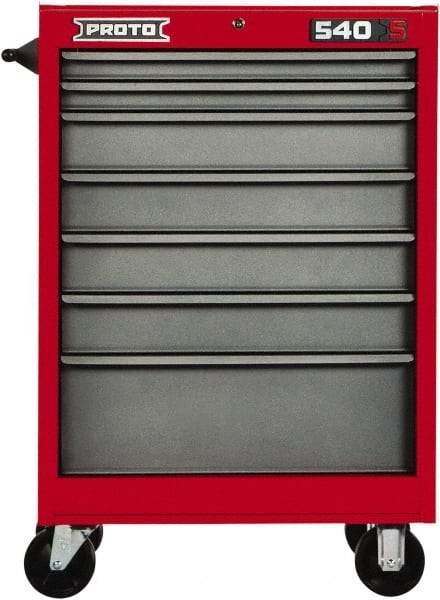Proto - 7 Drawer Steel Tool Roller Cabinet - 27" Wide x 52" High x 18" Deep, Ball Bearing Drawer Slides, Safety Red/Gray - Industrial Tool & Supply