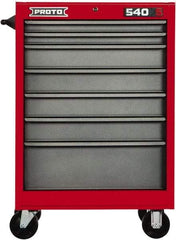 Proto - 7 Drawer Steel Tool Roller Cabinet - 27" Wide x 52" High x 18" Deep, Ball Bearing Drawer Slides, Safety Red/Gray - Industrial Tool & Supply
