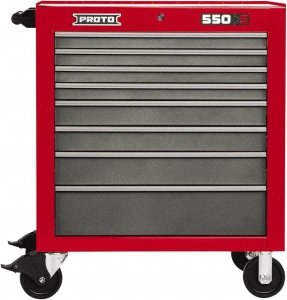 Proto - 8 Drawer 15,134 Lb Capacity Steel Tool Roller Cabinet - 34" Wide x 41" High x 25-1/4" Deep, Ball Bearing Drawer Slides, Safety Red/Gray - Industrial Tool & Supply