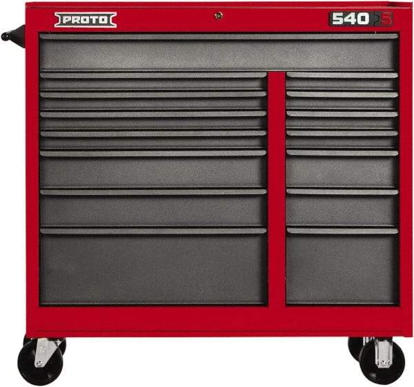 Proto - 15 Drawer Mobile Workstation - 41" Wide x 18" Deep x 42" High, Steel, Safety Red & Gray - Industrial Tool & Supply