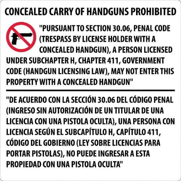 NMC - "Concealed Carry of Handguns Prohibited", 30" Long x 30" Wide, Aluminum Safety Sign - Square, 0.118" Thick, Use for Accident Prevention - Industrial Tool & Supply