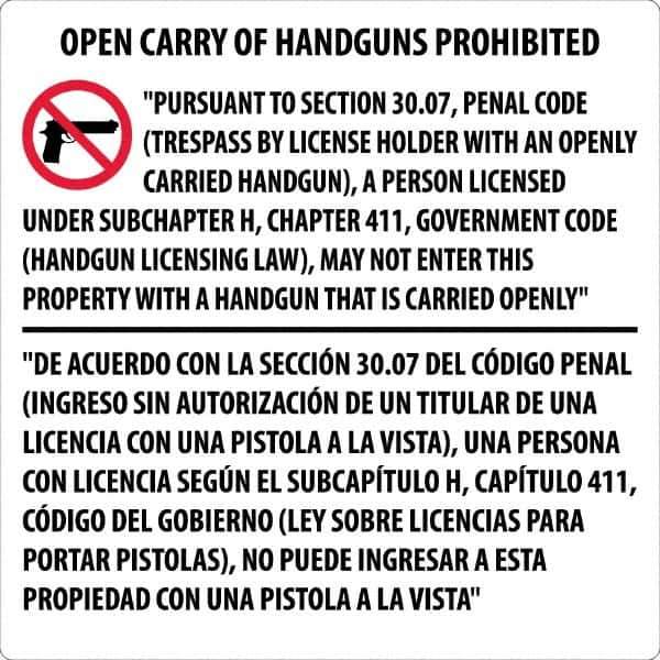 NMC - "Open Carry of Handguns Prohibited", 30" Long x 30" Wide, Aluminum Safety Sign - Square, 0.118" Thick, Use for Accident Prevention - Industrial Tool & Supply