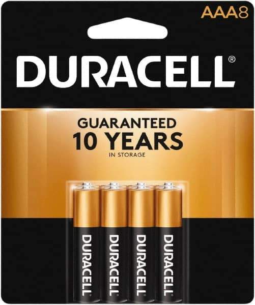 Duracell - Size AAA, Alkaline, 8 Pack, Standard Battery - 1.5 Volts, Button Tab Terminal, LR03, ANSI 24A Regulated - Industrial Tool & Supply