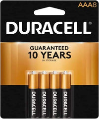 Duracell - Size AAA, Alkaline, 8 Pack, Standard Battery - 1.5 Volts, Button Tab Terminal, LR03, ANSI 24A Regulated - Industrial Tool & Supply