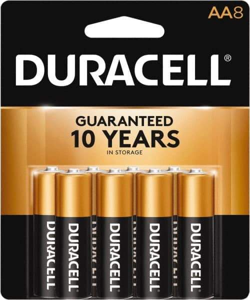 Duracell - Size AA, Alkaline, 8 Pack, Standard Battery - 1.5 Volts, Button Tab Terminal, LR6, ANSI 15A Regulated - Industrial Tool & Supply