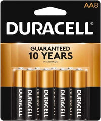 Duracell - Size AA, Alkaline, 8 Pack, Standard Battery - 1.5 Volts, Button Tab Terminal, LR6, ANSI 15A Regulated - Industrial Tool & Supply