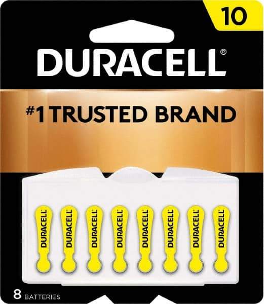 Duracell - Size 10, Zinc Air, 8 Pack, Hearing Aid Battery - 1.4 Volts, Flat Terminal, PR70, ANSI 7005ZD Regulated - Industrial Tool & Supply