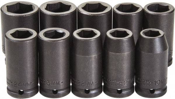 Proto - 10 Piece 3/4" Drive Black Finish Deep Well Impact Socket Set - 6 Points, 19mm to 33mm Range, Metric Measurement Standard - Industrial Tool & Supply