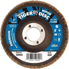 Weiler - 80 Grit, 4" Disc Diam, 5/8" Center Hole, Type 27 Zirconia Alumina Flap Disc - 15,000 Max RPM, Phenolic Backing, Arbor Attaching System, Coated - Industrial Tool & Supply
