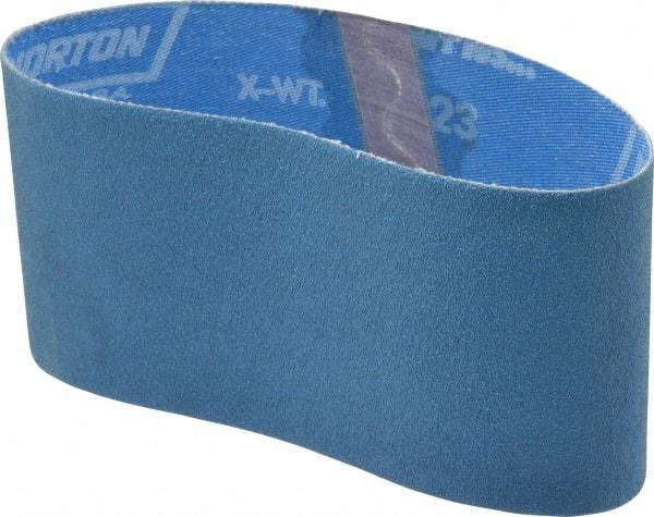 Norton - 3-1/2" Wide x 15-1/2" OAL, 80 Grit, Zirconia Alumina Abrasive Belt - Zirconia Alumina, Medium, Coated, X Weighted Cloth Backing, Series R823 - Industrial Tool & Supply