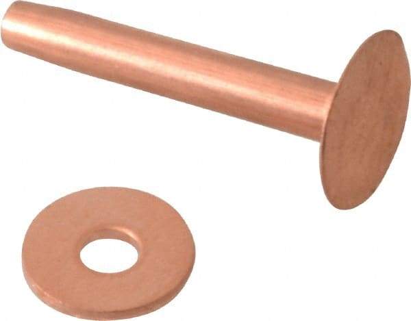 Made in USA - #10 Wire Body Diam, Flat Copper Belt Rivet with Washer - 1" Length Under Head, 7/16" Head Diam - Industrial Tool & Supply
