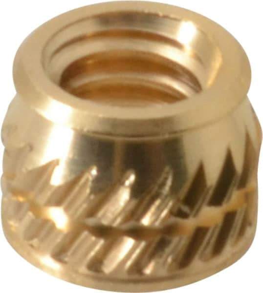 E-Z LOK - #8-32, 0.226" Small to 0.234" Large End Hole Diam, Brass Single Vane Tapered Hole Threaded Insert - 1/4" Insert, 0.23" Pilot Diam, 0.185" OAL, 0.133" Min Wall Thickness - Industrial Tool & Supply