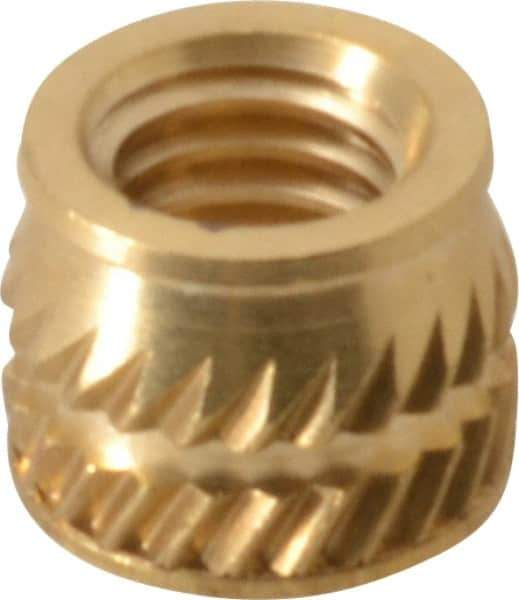 E-Z LOK - #10-32, 0.267" Small to 0.277" Large End Hole Diam, Brass Single Vane Tapered Hole Threaded Insert - 0.296" Insert, 0.272" Pilot Diam, 0.225" OAL, 0.159" Min Wall Thickness - Industrial Tool & Supply