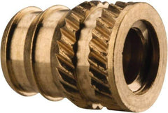 E-Z LOK - #10-24, 0.246" Small to 0.277" Large End Hole Diam, Brass Double Vane Tapered Hole Threaded Insert - 19/64" Insert, 1/4" Pilot Diam, 3/8" OAL, 0.159" Min Wall Thickness - Industrial Tool & Supply