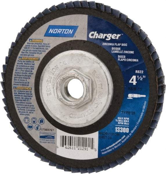 Norton - 24 Grit, 4-1/2" Disc Diam, 5/8-11 Center Hole, Type 29 Zirconia Alumina Flap Disc - 13,000 Max RPM, Fiberglass Backing, Coated - Industrial Tool & Supply