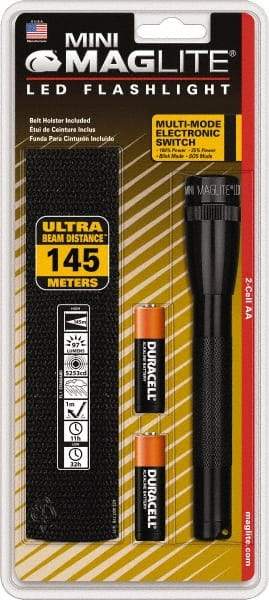 Mag-Lite - White LED Bulb, 97 Lumens, Mini Flashlight - Black Aluminum Body, 2 AA Alkaline Batteries Included - Industrial Tool & Supply