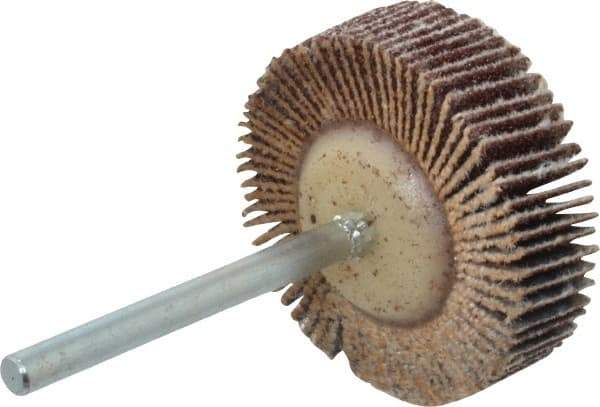 Merit Abrasives - 1-3/16" Diam x 3/8" Face Width, Medium Aluminum Oxide Coated Mounted Flap Wheel - 1/8" Shank Mount, 80 Grit, Cloth Backing, 30,000 Max RPM - Industrial Tool & Supply