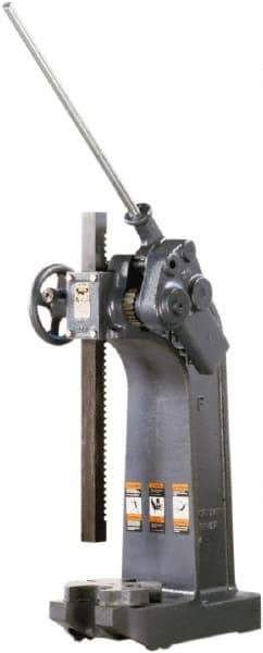 Dake - 1-1/2" Ram, 7-3/4" Throat Depth, 6 Ton Manual Arbor Press - 20-1/4" Max Work Height x 15-1/2" Max Work Width, Compound Leverage, 66:1 Leverage Ratio, 8-1/4" Base Width x 20" Base Depth - Industrial Tool & Supply