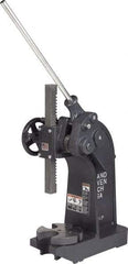 Dake - 1-1/2" Ram, 7-3/4" Throat Depth, 6 Ton Manual Arbor Press - 13-3/4" Max Work Height x 15-1/2" Max Work Width, Compound Leverage, 66:1 Leverage Ratio, 8-1/4" Base Width x 20" Base Depth - Industrial Tool & Supply