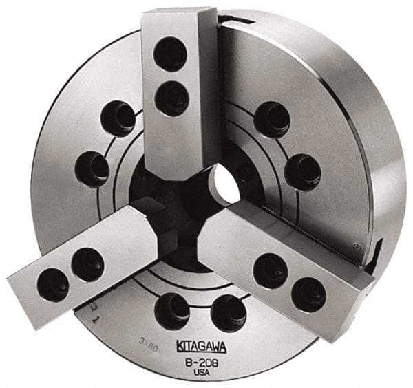 Kitagawa - 3 Jaws, 8" Chuck Diam, Plain Back Mount, 2.0472" Through Hole, Drawbar, Hydraulic Power Lathe Chuck - 19,292 Lb Force per Jaw, 1.5mm x 60 Serrated Jaw Interface, 13mm to 210mm Jaw Capacity, 5,000 RPM, High Speed Steel Body - Industrial Tool & Supply