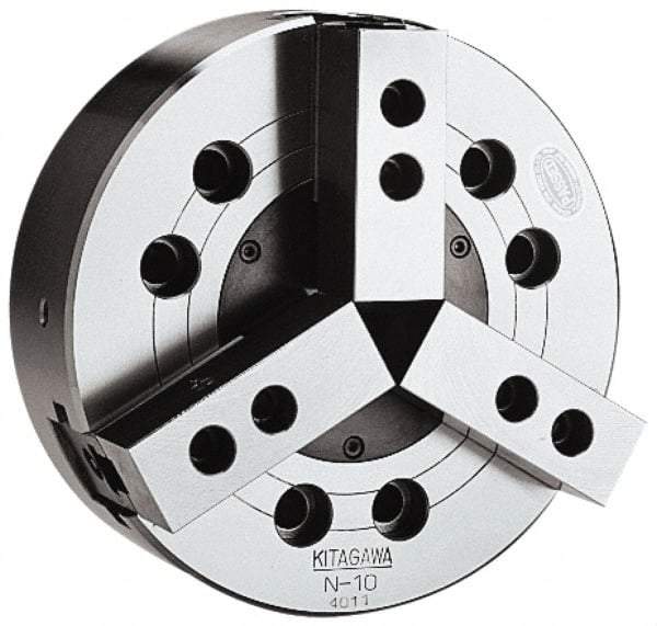 Kitagawa - 3 Jaws, 8" Chuck Diam, Plain Back Mount, Drawbar, Air, Hydraulic Power Lathe Chuck - 16,826 Lb Force per Jaw, 1.5mm x 60 Serrated Jaw Interface, 23mm to 210mm Jaw Capacity, 4,760 RPM, Steel Body - Industrial Tool & Supply