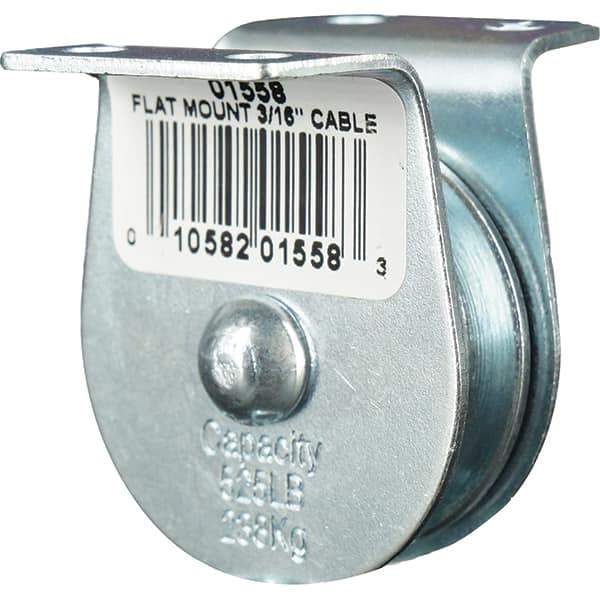 Block Division - 525 Lbs. Load Limit, Flat Standard Block - Upright Mount, Single Sheave, 1-1/2 Inch Outside Diameter, Wire Rope, 3/16 Inch Diameter, Eye, 5/8 Inch Inside Diameter, Carbon Steel, Zinc Plated Finish - Industrial Tool & Supply