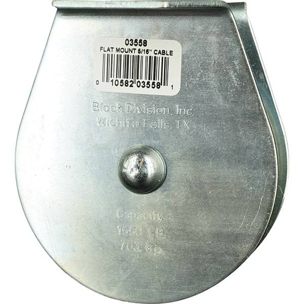 Block Division - 1, 550 Lbs. Load Limit, Flat Standard Block - Upright Mount, Single Sheave, 3-1/2 Inch Outside Diameter, Wire Rope, 5/16 Inch Diameter, Eye, 1-3/16 Inch Inside Diameter, Carbon Steel, Zinc Plated Finish - Industrial Tool & Supply