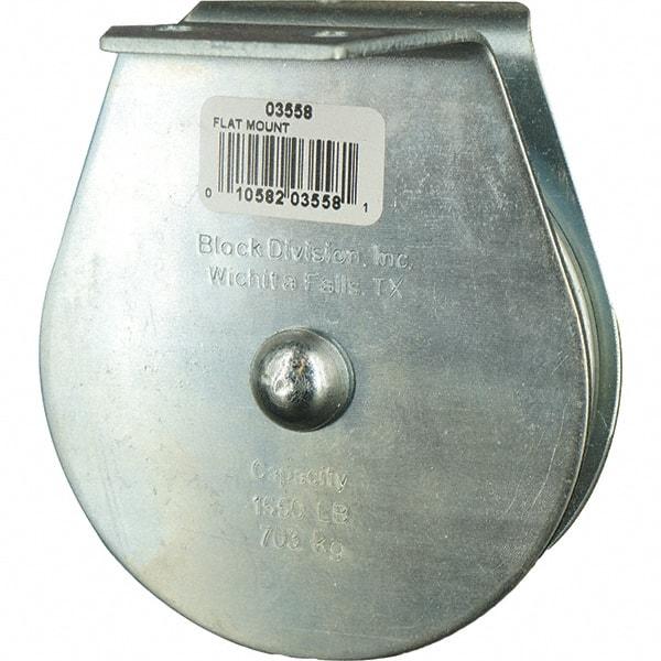 Block Division - 1, 550 Lbs. Load Limit, Flat Standard Block - Upright Mount, Single Sheave, 3-3/4 Inch Outside Diameter, Wire Rope, 3/8 Inch Diameter, Eye, 1-1/8 Inch Inside Diameter, Carbon Steel, Zinc Plated Finish - Industrial Tool & Supply