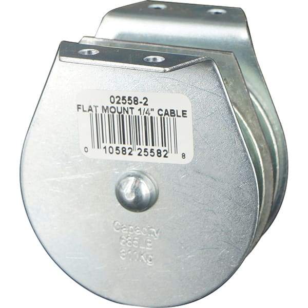 Block Division - 685 Lbs. Load Limit, Flat Standard Block - Upright Mount, Double Sheave, 2-1/2 Inch Outside Diameter, Wire Rope, 1/4 Inch Diameter, Eye, 7/8 Inch Inside Diameter, Carbon Steel, Zinc Plated Finish - Industrial Tool & Supply