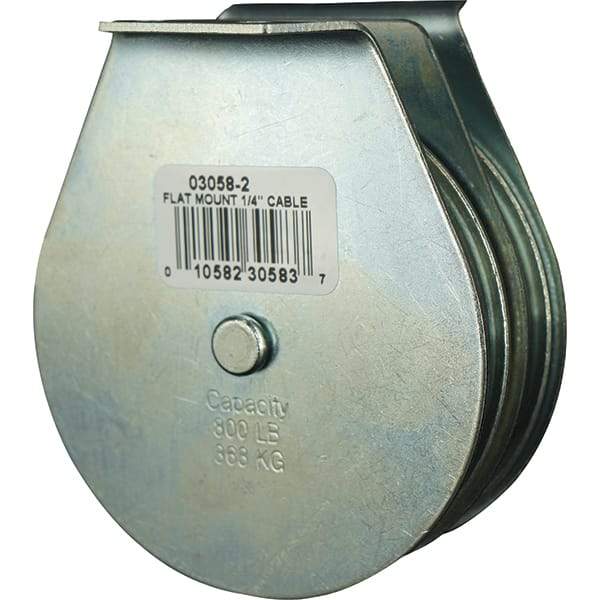 Block Division - 800 Lbs. Load Limit, Flat Standard Block - Upright Mount, Double Sheave, 3 Inch Outside Diameter, Wire Rope, 1/4 Inch Diameter, Eye, 7/8 Inch Inside Diameter, Carbon Steel, Zinc Plated Finish - Industrial Tool & Supply