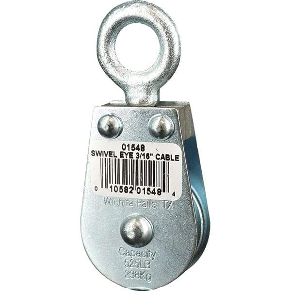 Block Division - 525 Lbs. Load Limit, Swivel Eye Standard Block - Single Sheave, 1-1/2 Inch Outside Diameter, Wire Rope, 3/16 Inch Diameter, Eye, 5/8 Inch Inside Diameter, Carbon Steel, Zinc Plated Finish - Industrial Tool & Supply