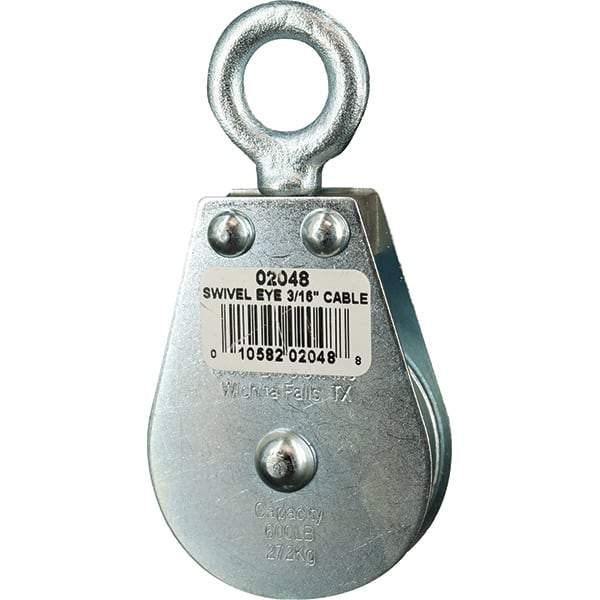 Block Division - 600 Lbs. Load Limit, Swivel Eye Standard Block - Single Sheave, 2 Inch Outside Diameter, Wire Rope, 3/16 Inch Diameter, Eye, 5/8 Inch Inside Diameter, Carbon Steel, Zinc Plated Finish - Industrial Tool & Supply