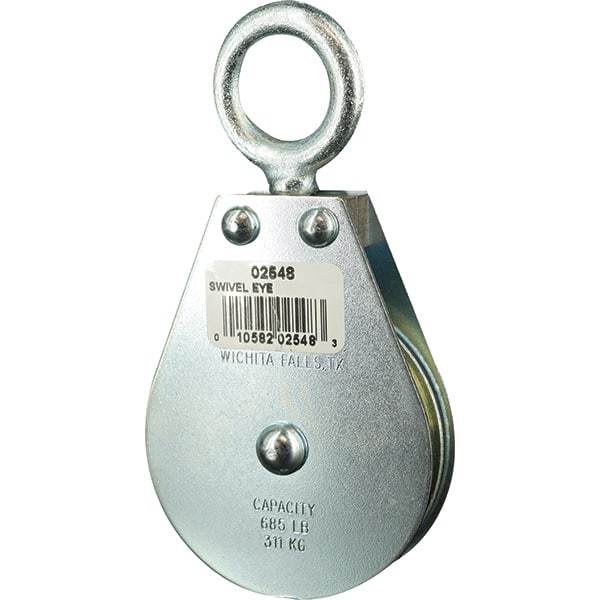 Block Division - 685 Lbs. Load Limit, Swivel Eye Standard Block - Single Sheave, 2-1/2 Inch Outside Diameter, Wire Rope, 1/4 Inch Diameter, Eye, 7/8 Inch Inside Diameter, Carbon Steel, Zinc Plated Finish - Industrial Tool & Supply