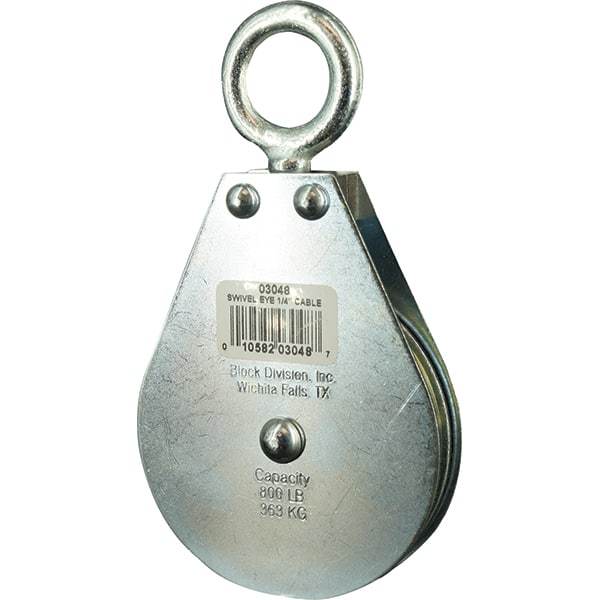 Block Division - 640 Lbs. Load Limit, Swivel Eye Standard Block - Single Sheave, 3-3/4 Inch Outside Diameter, Wire Rope, 1/4 Inch Diameter, Eye, 7/8 Inch Inside Diameter, Carbon Steel, Zinc Plated Finish - Industrial Tool & Supply