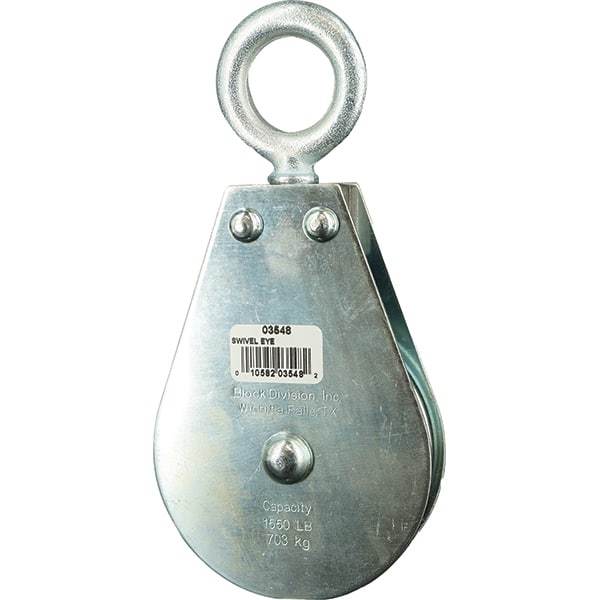 Block Division - 1, 550 Lbs. Load Limit, Swivel Eye Standard Block - Single Sheave, 3-1/2 Inch Outside Diameter, Wire Rope, 3/8 Inch Diameter, Eye, 1-1/8 Inch Inside Diameter, Carbon Steel, Zinc Plated Finish - Industrial Tool & Supply