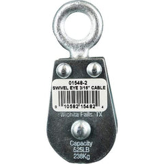 Block Division - 525 Lbs. Load Limit, Swivel Eye Standard Block - Double Sheave, 1-1/2 Inch Outside Diameter, Wire Rope, 3/16 Inch Diameter, Eye, 5/8 Inch Inside Diameter, Carbon Steel, Zinc Plated Finish - Industrial Tool & Supply