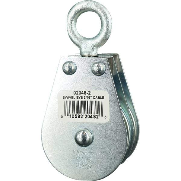 Block Division - 600 Lbs. Load Limit, Swivel Eye Standard Block - Double Sheave, 2 Inch Outside Diameter, Wire Rope, 3/16 Inch Diameter, Eye, 5/8 Inch Inside Diameter, Carbon Steel, Zinc Plated Finish - Industrial Tool & Supply