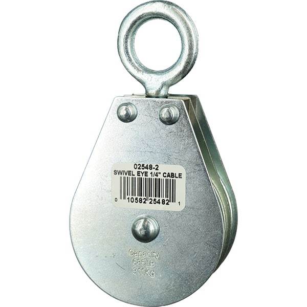 Block Division - 685 Lbs. Load Limit, Swivel Eye Standard Block - Double Sheave, 2-1/2 Inch Outside Diameter, Wire Rope, 1/4 Inch Diameter, Eye, 7/8 Inch Inside Diameter, Carbon Steel, Zinc Plated Finish - Industrial Tool & Supply