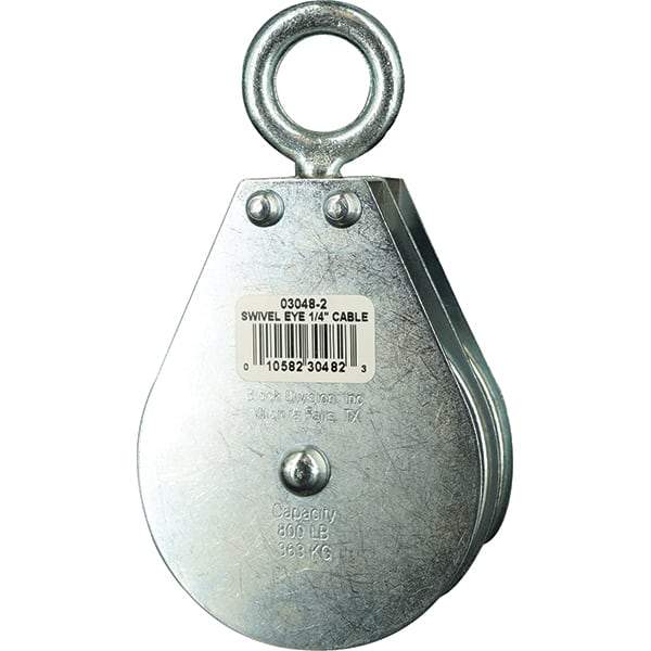 Block Division - 800 Lbs. Load Limit, Swivel Eye Standard Block - Double Sheave, 3 Inch Outside Diameter, Wire Rope, 1/4 Inch Diameter, Eye, 7/8 Inch Inside Diameter, Carbon Steel, Zinc Plated Finish - Industrial Tool & Supply