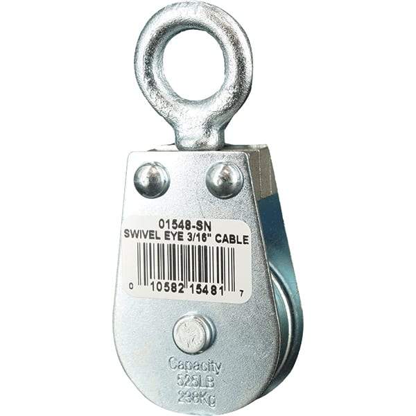 Block Division - 525 Lbs. Load Limit, Swivel Eye Snatch Block - Single Sheave, 1-1/2 Inch Outside Diameter, Wire Rope, 3/16 Inch Diameter, Eye, 5/8 Inch Inside Diameter, Carbon Steel, Zinc Plated Finish - Industrial Tool & Supply